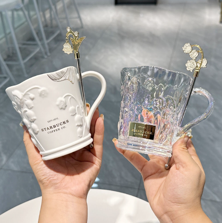 2023 Starbucks Mug Elegant Lily of the Valley Colorful Relief Glass Cup W/ Stick