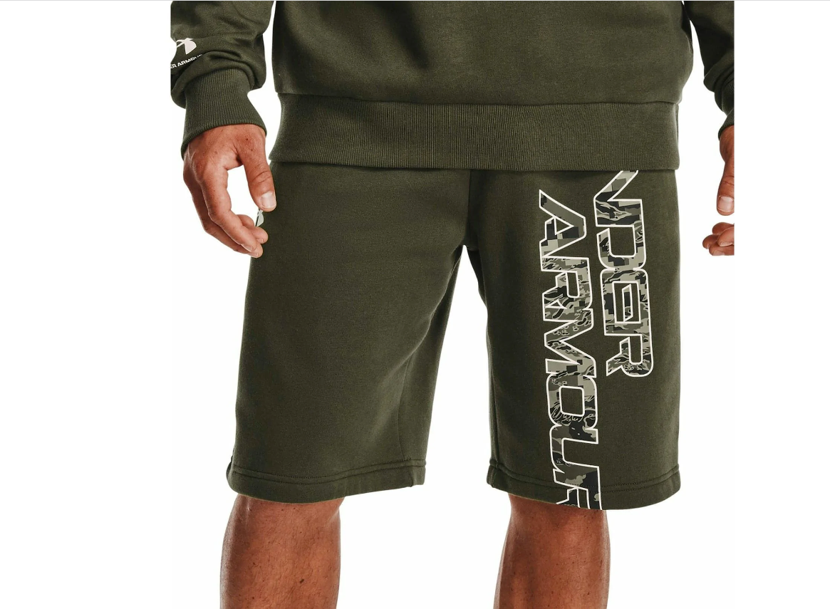 Under Armour Mens Rival Fleece Camo Script Training Shorts - Green