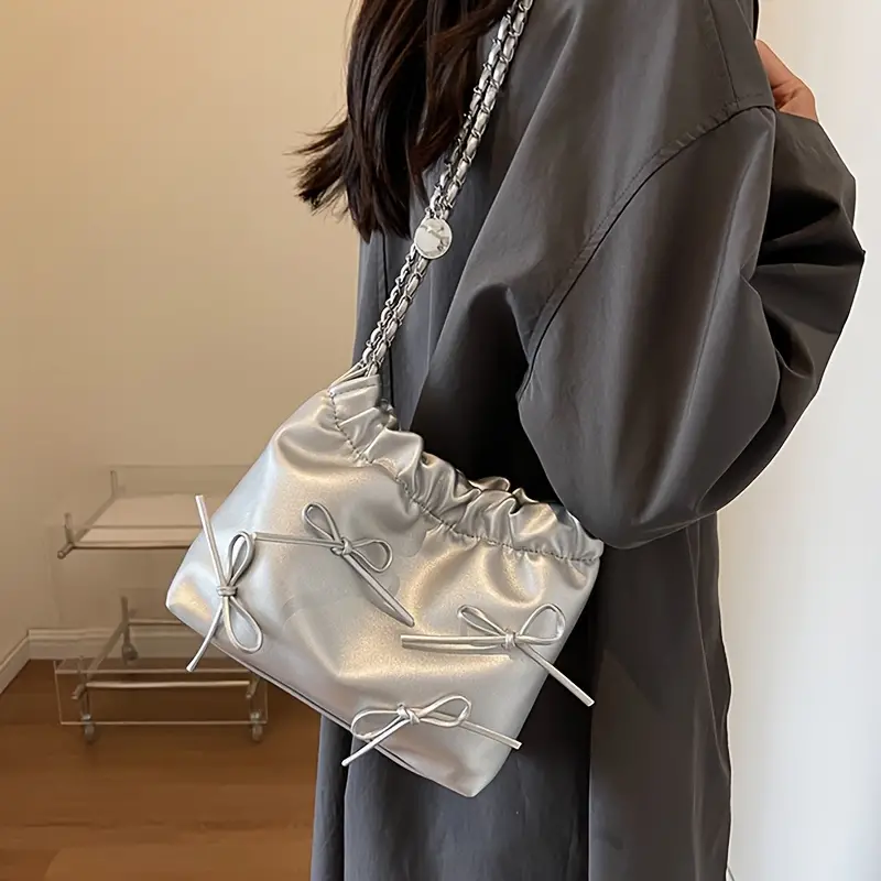 Cute Bow Decorated Shoulder Bag, Solid Color Pleated Crossbody Bag, Perfect Underarm Bag For Daily Use