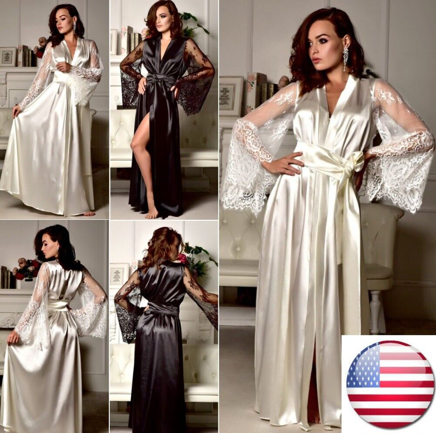 Sexy Robe Satin Lingerie Women Lace Dress Babydoll Nightgown Sleepwear pajamas