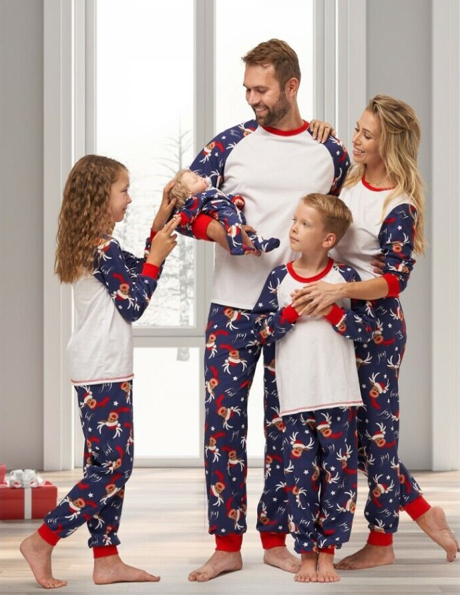 Christmas Family Matching Pyjamas Sleepwear PJs Set Adult Kids Nightwear Plain