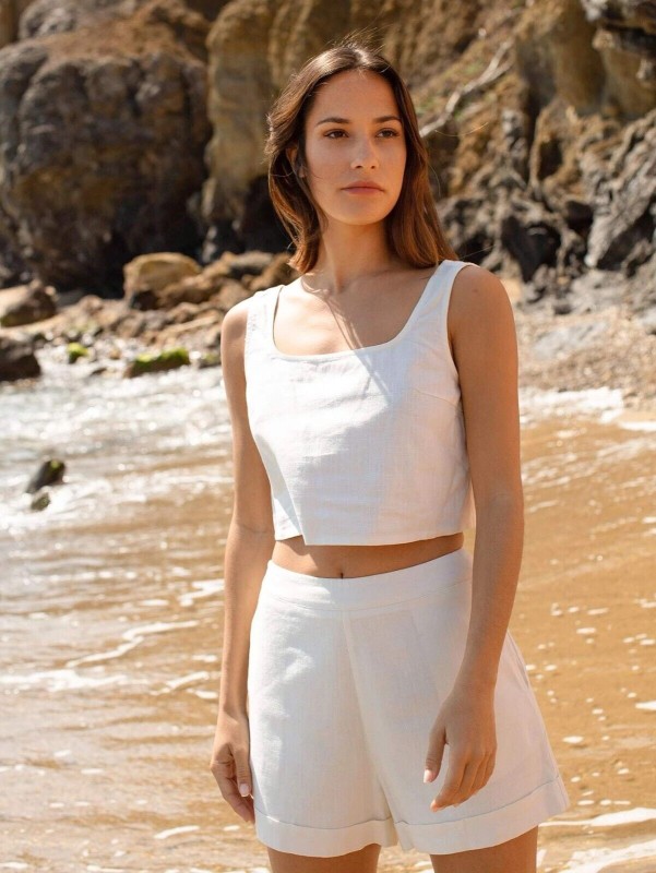 100% Organic Cotton Linen Two Piece outfits Women Linen shorts set crop tank top